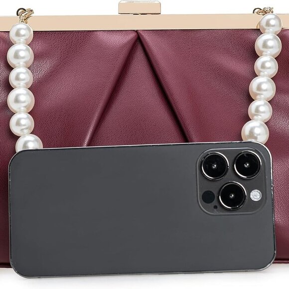 Faux Leather Clutch Purse Ruched PU Metal Frame Formal Evening Bag with Pearl St - Picture 3 of 6
